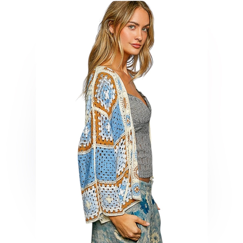 POL 🤩 Blue, Ivory, Brown Crochet Granny Square Open Knit Cardigan - Picture 2 of 8